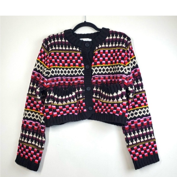 ZARA WOMEN'S COLORFUL CHUNKY KNIT BUTTON DOWN CARDIGAN BLACK--SIZE SMALL - Picture 2 of 9